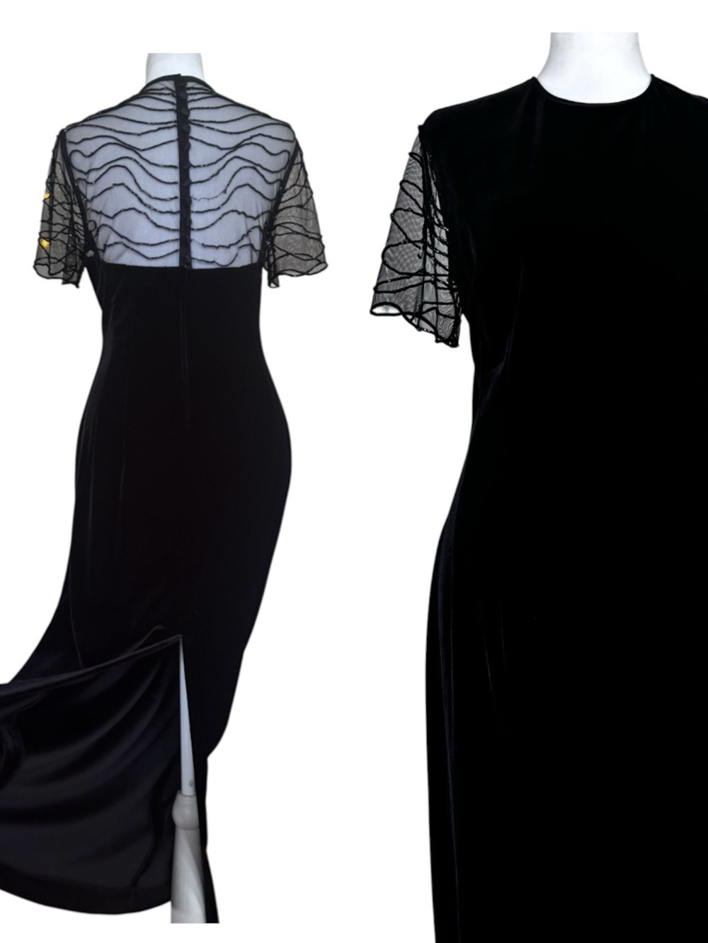 Vintage 90s Donna Morgan Black Velvet Maxi Dress with Sheer Beaded Yoke